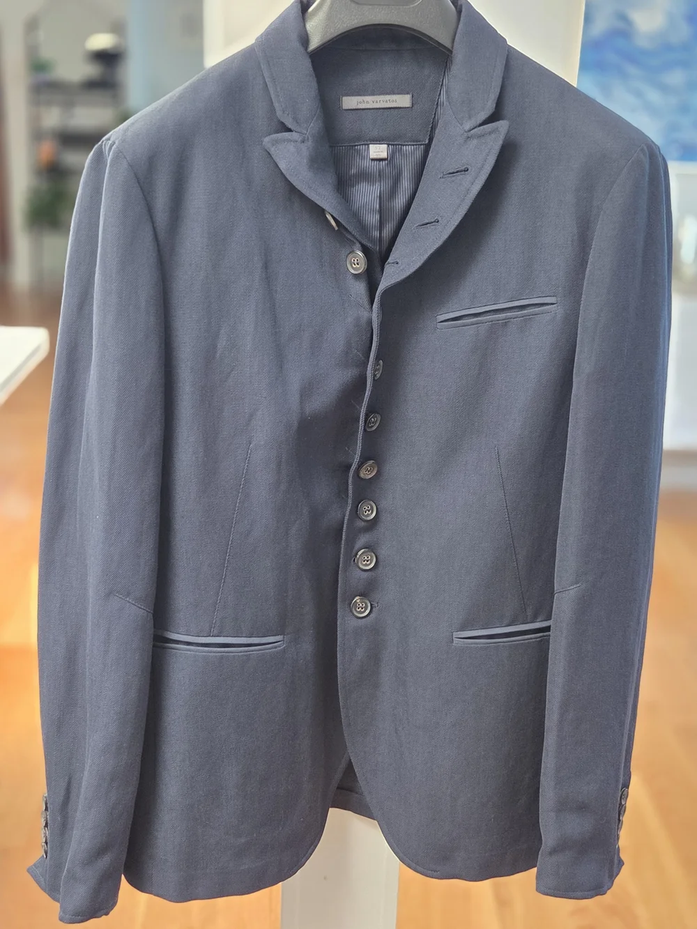 John Varvatos Men’s Navy Blue Button Up Linen/Wool Blend Woodward Jacket 52EU